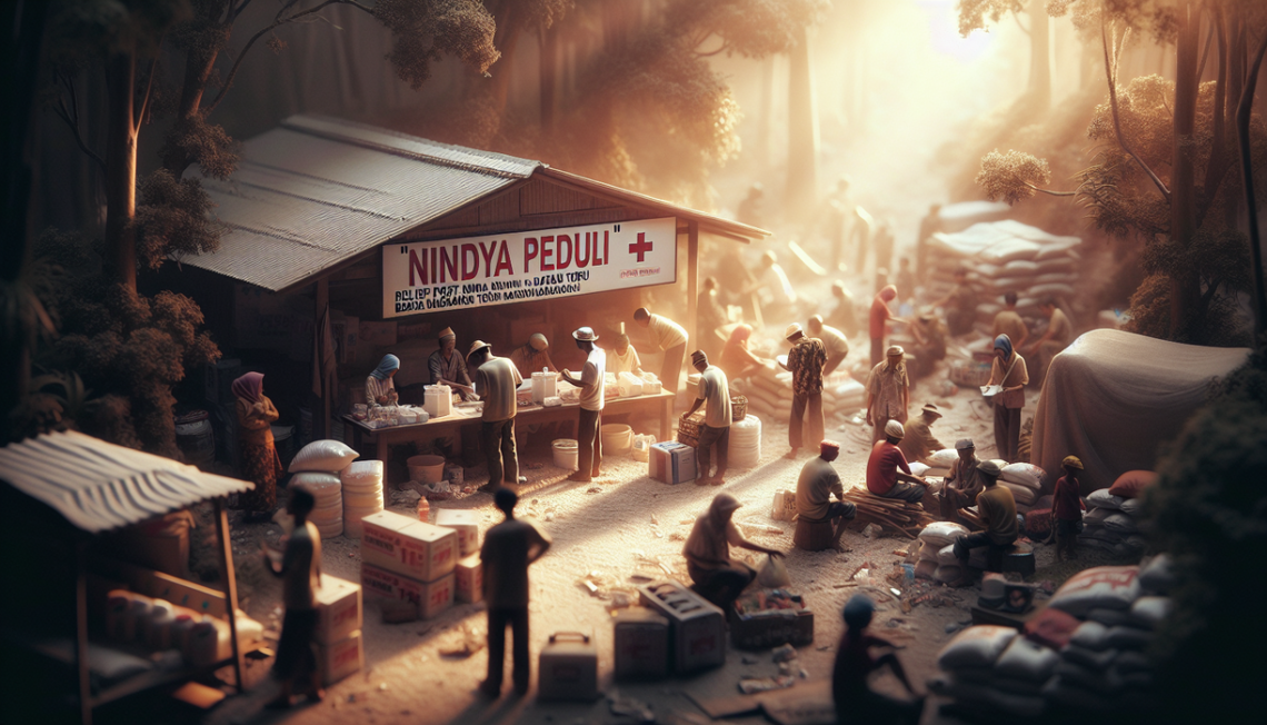 alt_text: Posko bantuan Nindya Peduli di Batang Toru dengan relawan dan bantuan darurat tersedia.