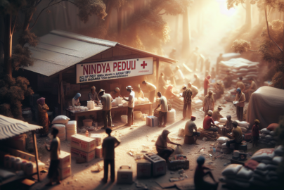 alt_text: Posko bantuan Nindya Peduli di Batang Toru dengan relawan dan bantuan darurat tersedia.