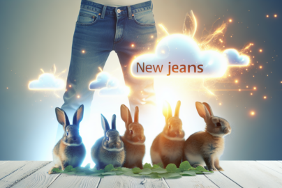 Alt_text: Min Hee Jin berdiri di dekat lima kelinci, menggambarkan masa depan NewJeans yang cerah.