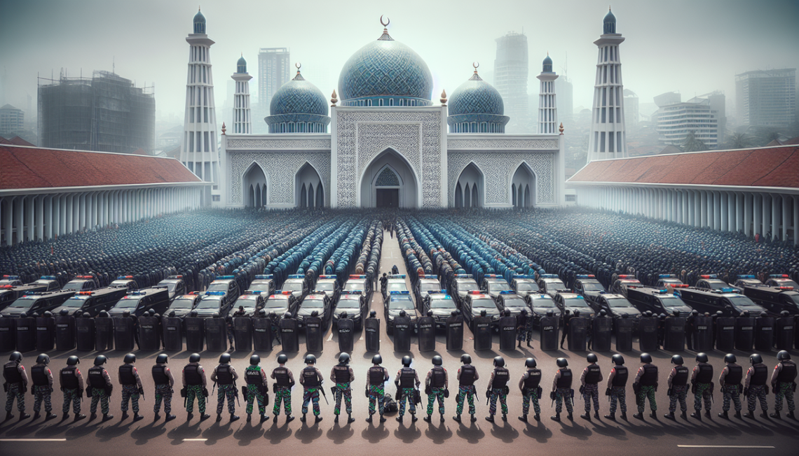 alt_text: Pengamanan ketat di Istiqlal saat Salat Id, menandai momen penting dalam sejarah Indonesia.